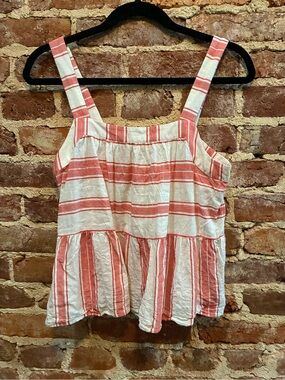 LOFT White and Coral Stripe Peplum Tank Top